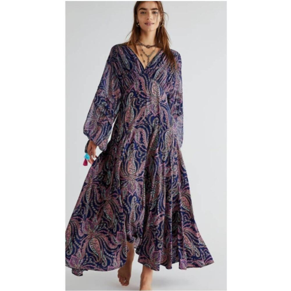 New Free People Mirage Boho Paisley Maxi Dress $198 Size 0 Long Sleeve